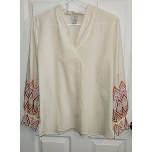 Chicos Womens Top Embroidered Chevron Ivory‎ Balloon Sleeve Button Cuffs Sz S